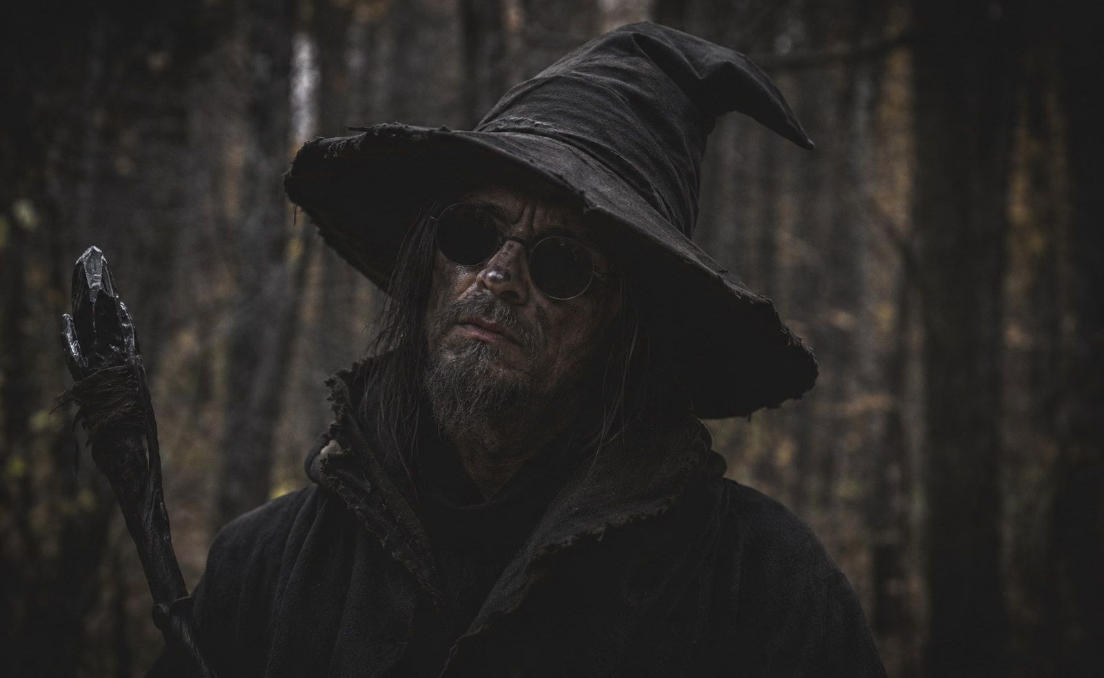 Malrec in a worn black hat and round spectacles holding his obsidian staff in the forest