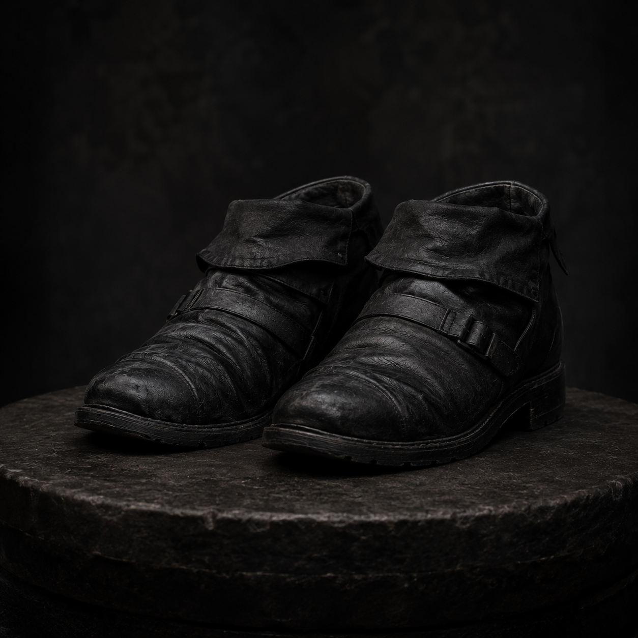 A pair of worn black leather boots on a black stone plinth