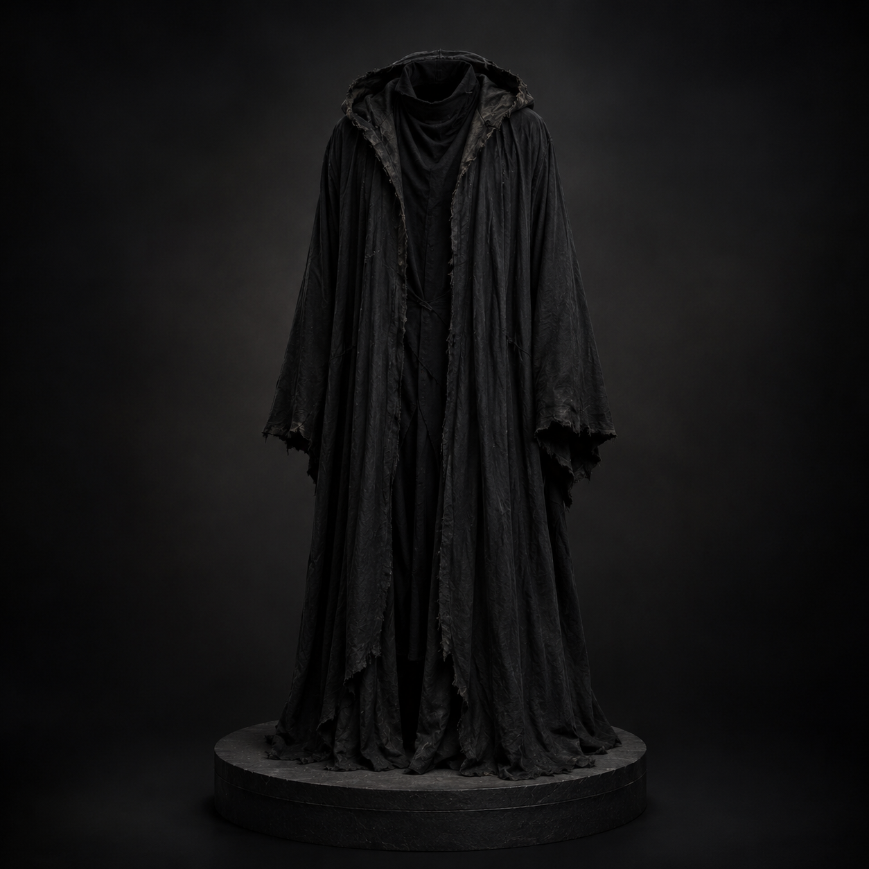 A layered black business robe on a dark plinth