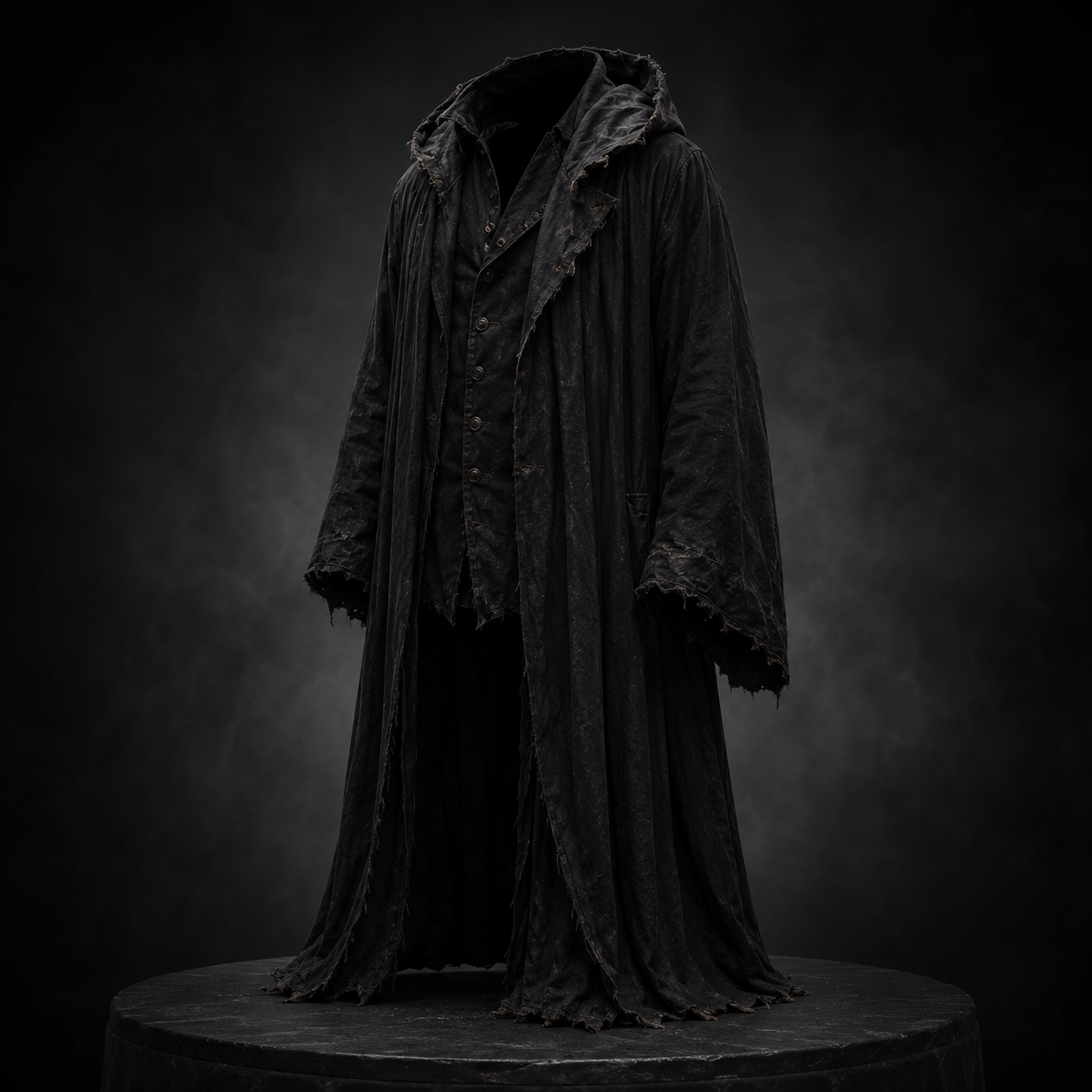 A relaxed black robe with a soft hood on a dark plinth