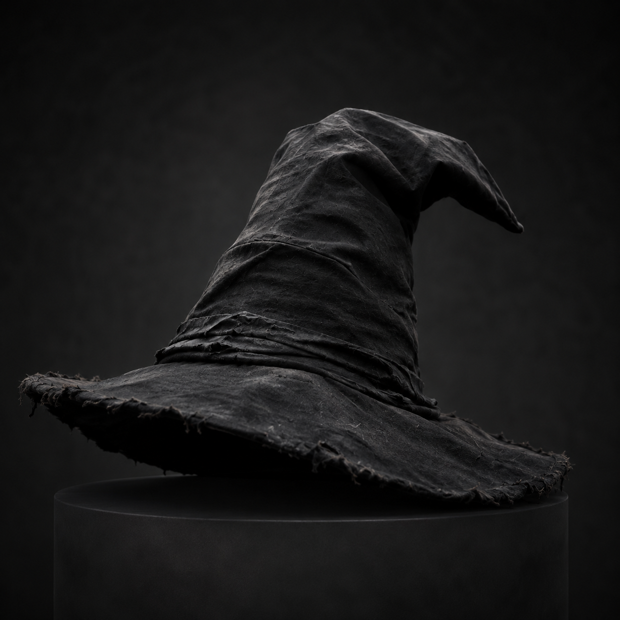 A tall, weathered black wizard hat on a dark plinth