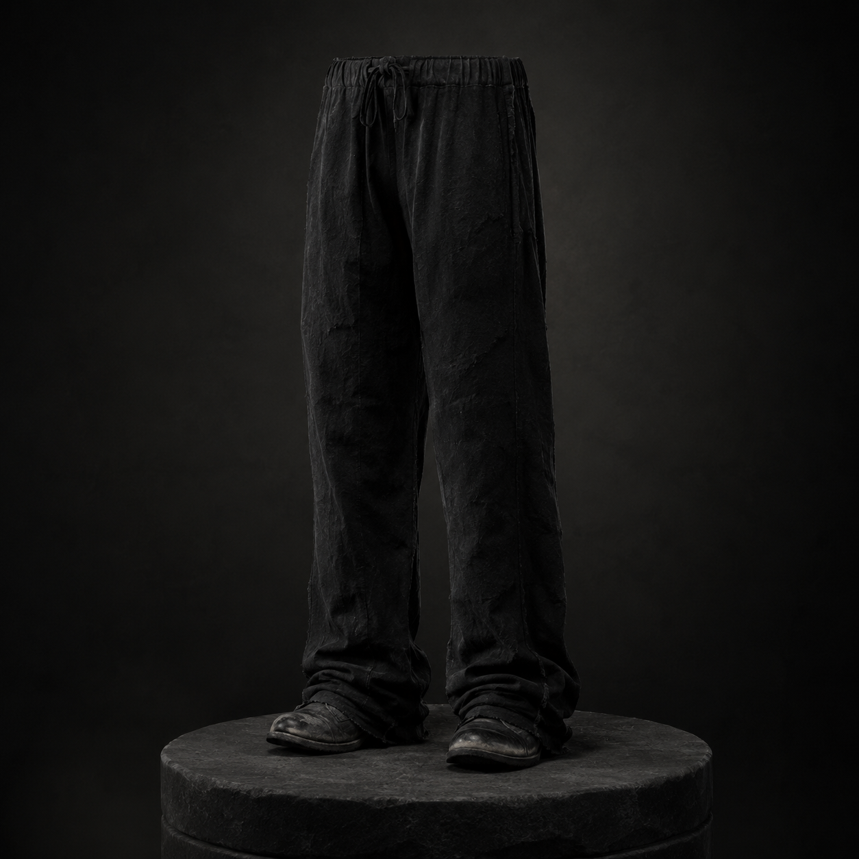 Wide black trousers displayed with black boots on a stone plinth